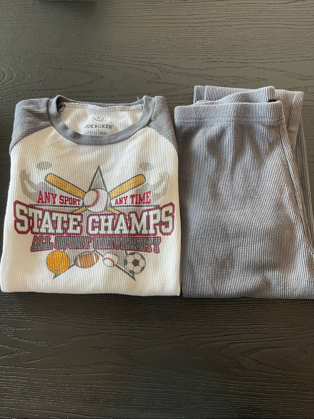 Joe Boxer Gray & White State Champs Kids Pajama Set with Sports Graphic.AS IS.